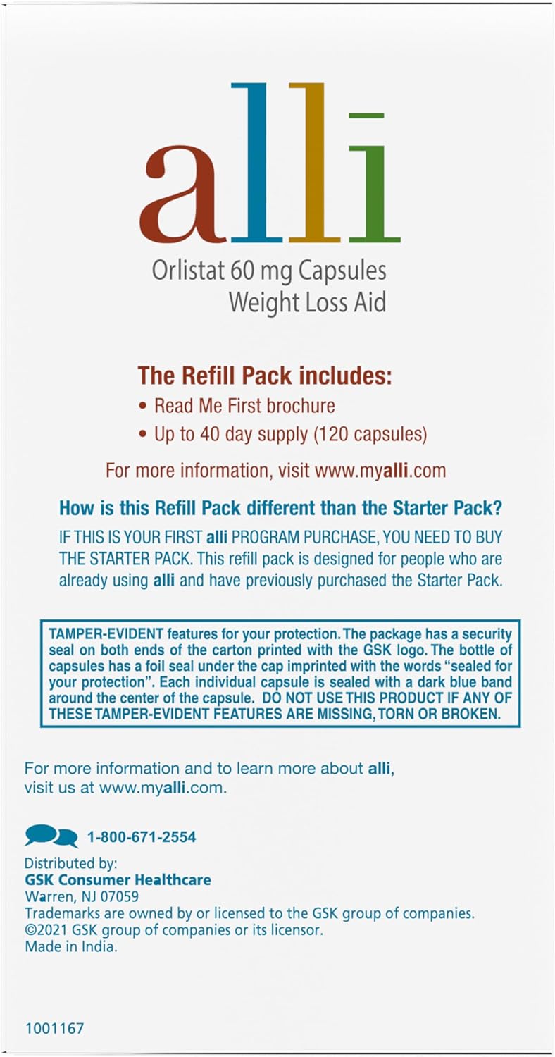 alli Weight Loss Diet Pills, Orlistat 60 mg Capsules, 120 Count Refill Pack