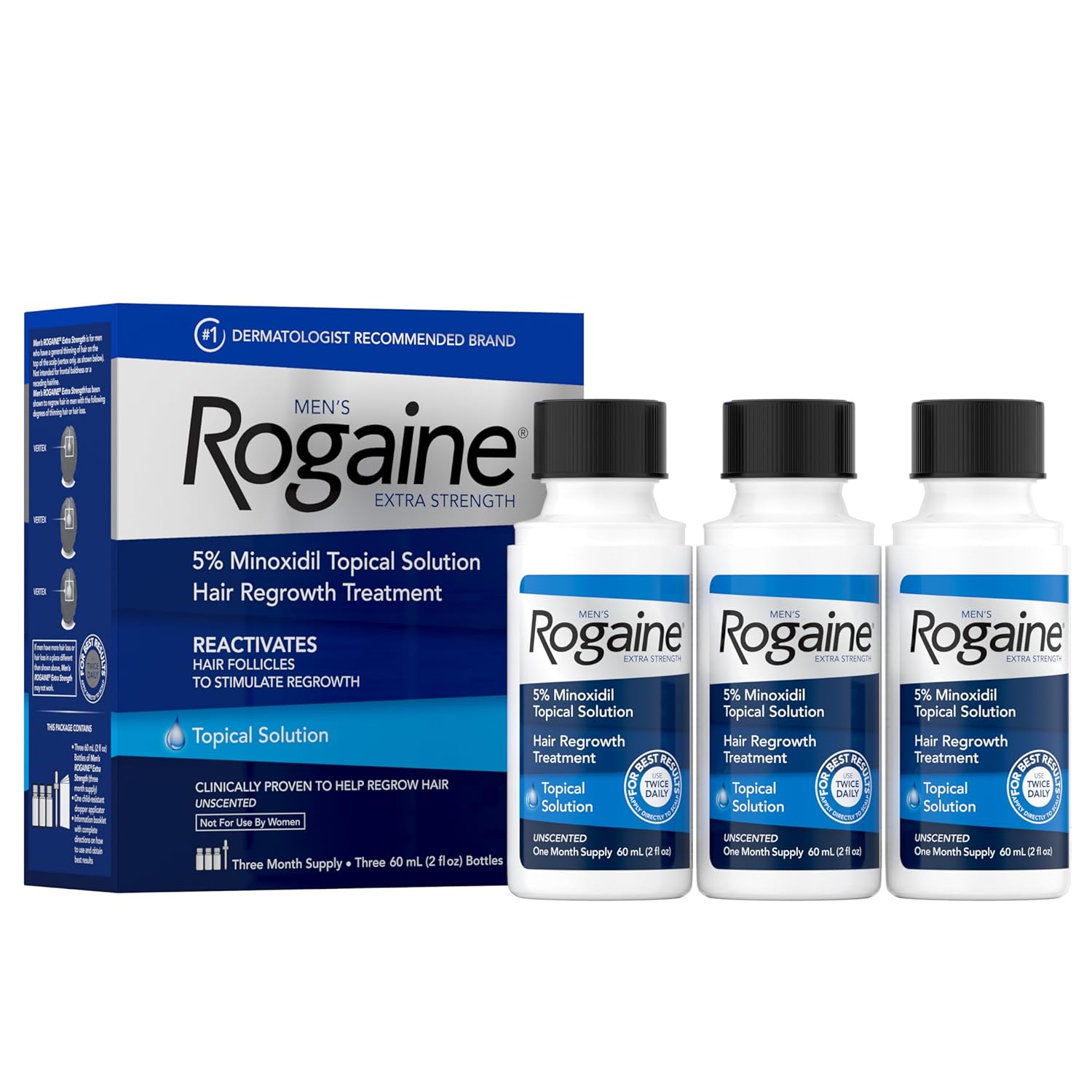 Men’s Rogaine Extra Strength 5% Minoxidil Topical Solution for Hair Loss, 3 Month Supply